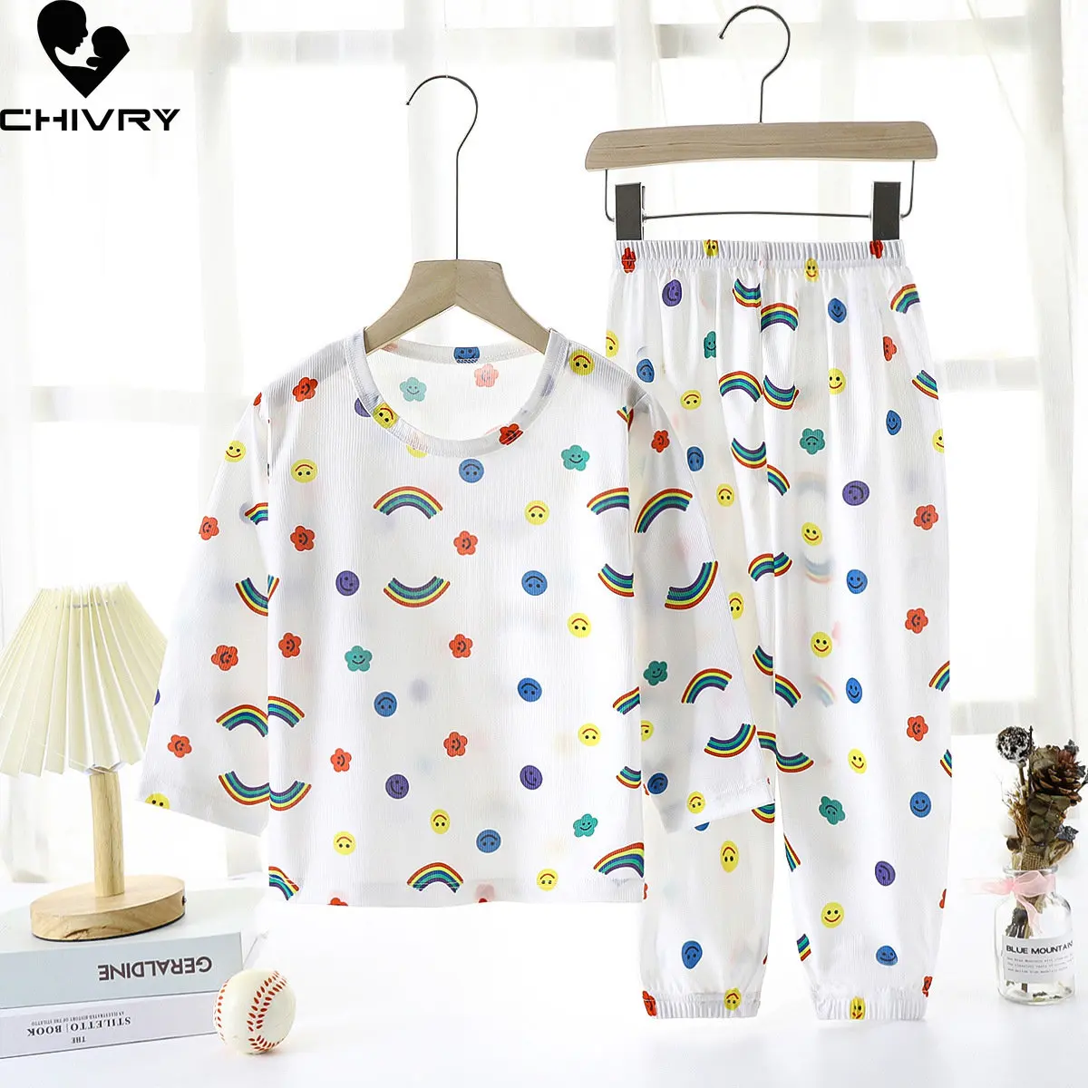 Conjuntos de pijamas finos de verano para niños y niñas, camiseta de manga larga con dibujos animados de seda de hielo, Tops con pantalones, ropa de dormir para bebé, ropa de casa, 2023