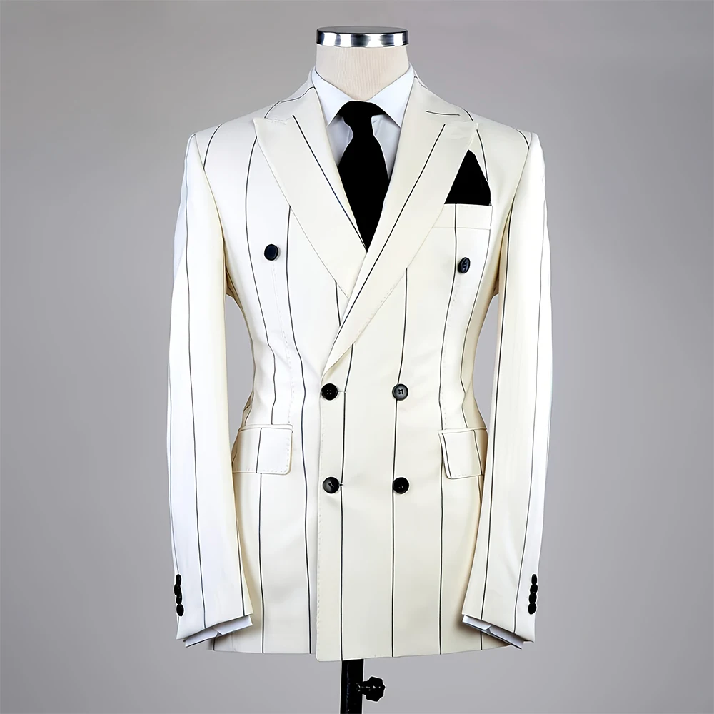 

Men's Elegant Vertical Striped Double Breasted Peak Lapel Suit Blazer Long Sleeve Business Formal Male Office Prom Suit Jacket