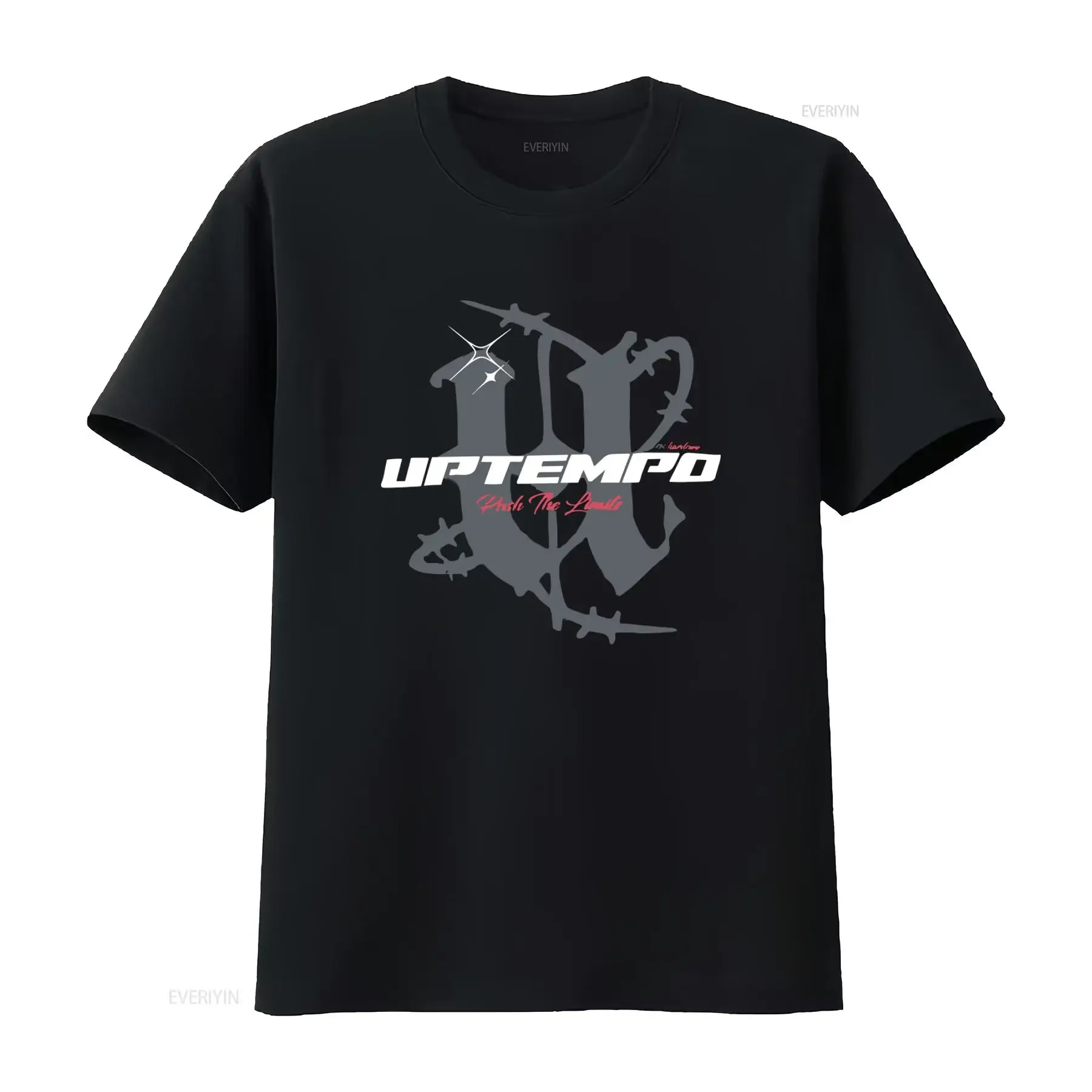 Camiseta UPTEMPO para hombre, negra, con logotipo 'U' llamativo, diseño estilo Gabber Hardcore, lema 'Push The Limits', estilo vintage lavado