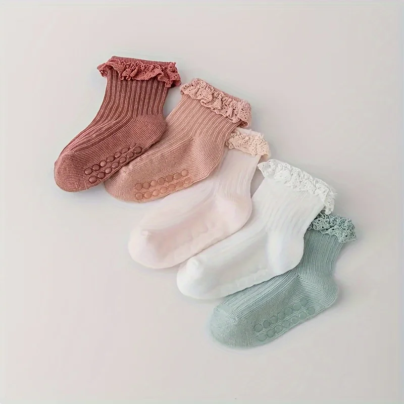 4 paires de chaussettes princesse mignonnes pour bébés de 0 à 3 ans, antidérapantes, à volants en dentelle et couleurs unies