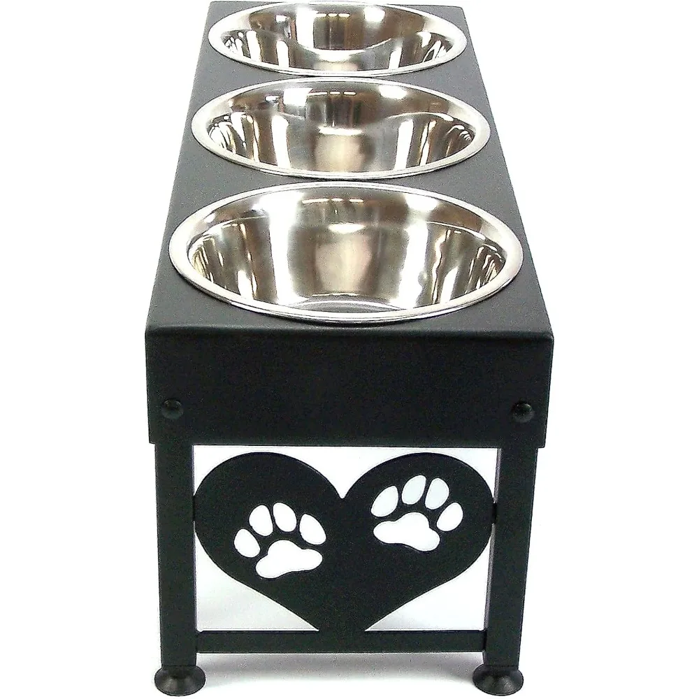 

Elevated Dog Feeder 12 Inch Tall Triple Stainless Raised Bowls Powdercoated Steel