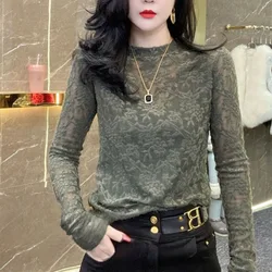 Women's Solid Color Printing Slim Lace Gauze Round Neck Spring Autumn All Match Fashion Long Sleeve Commute Pullover Bottom Tops