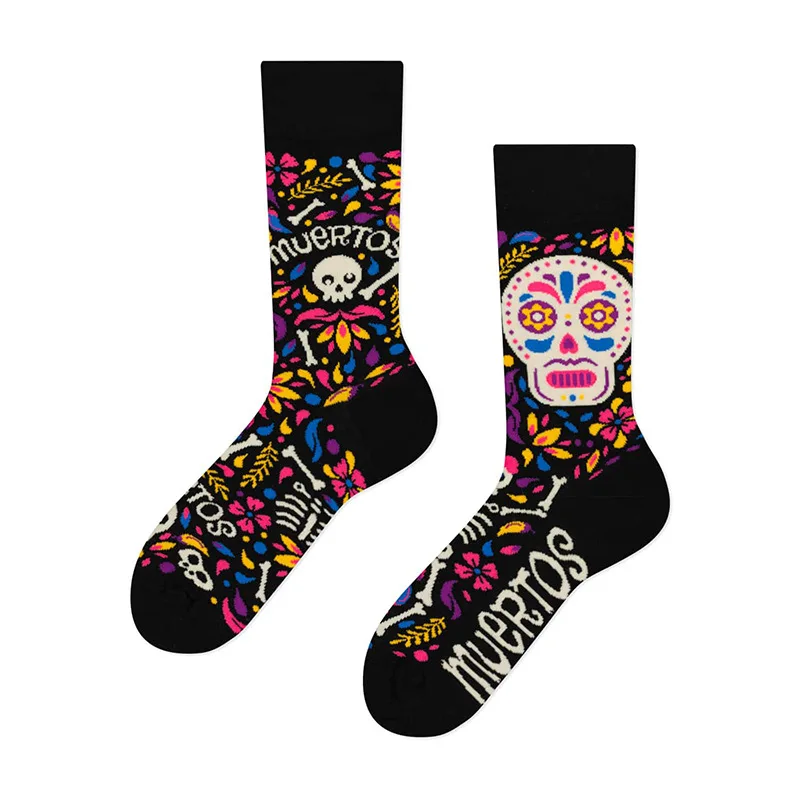 2 Pairs Retro Skeleton Sugar Skull AB Crew Socks Day of the Dead Halloween Irregular Cotton Unisex Socks Men Women Couple Socks