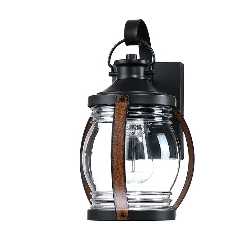 Hot Sales Outdoor Wall Lantern 1-light Wall Light Black and Wood Finish clear Glass Shade in Garden or Lobby