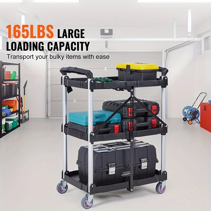 No Assembly Foldable Service Carts with Wheels 3 Tier Portable Utility Rolling Tool Garage Cart Collapsible Storage Cart