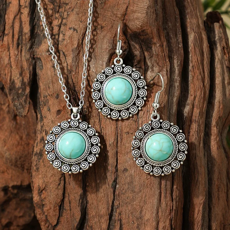 Bohemian Ethnic Vintage Earrins and Necklace Set Simple Charm Women Geometry Round Turquoise Pendant Jewelry Set Bijoux Femme