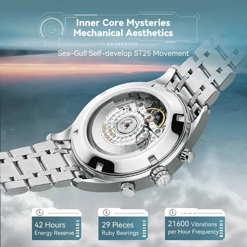 Seagull 42mm Multifunction Men's Mechanical Watch ST2502 Movement Automatic Watches Sapphire Crystal Luxury Men Brand Watch 6175
