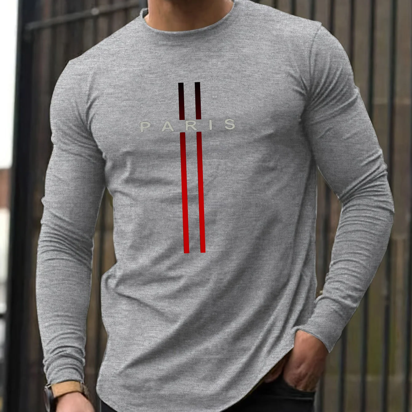 100% algodão puro masculino manga comprida em torno do pescoço solto casual paris padrão impresso primavera e outono versátil camiseta topo