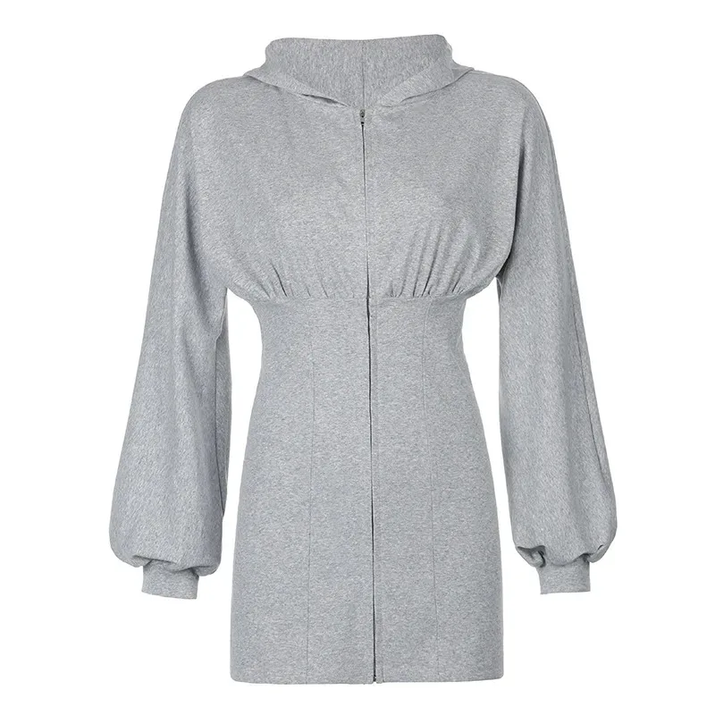 Women Fashion Casual Autumn Winter Warm High Waist Long Sleeve Girl Tummy Control Hooded Side Pockets Front Zipper Dress Grey