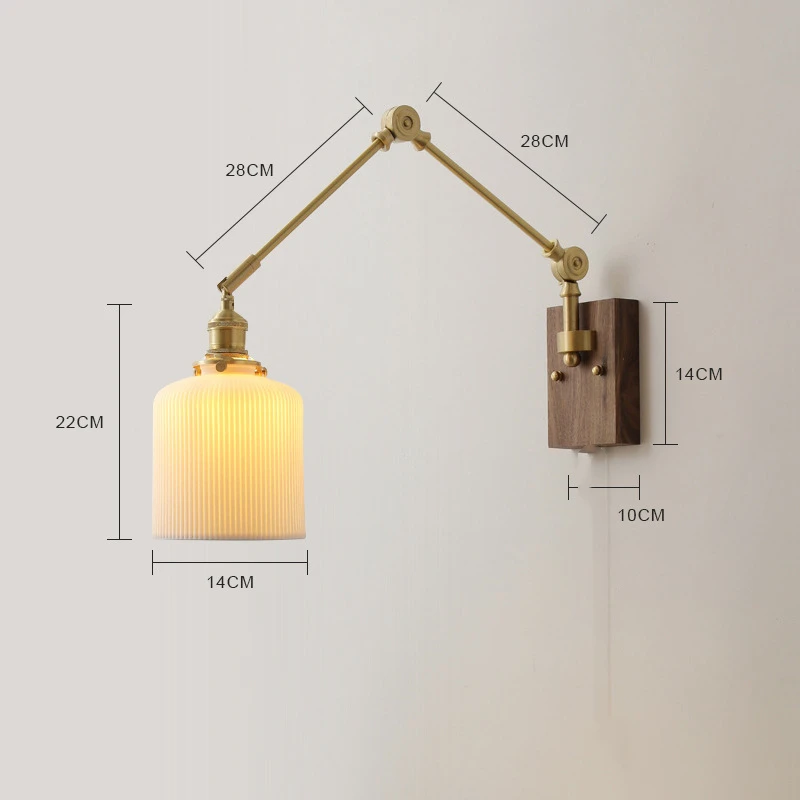 IWHD Copper Swing Long Arm LED Wall Light Fixtures Pull Chain Switch Up Down Left Right Rotate Walnut Canopy Japanese Wandlamp