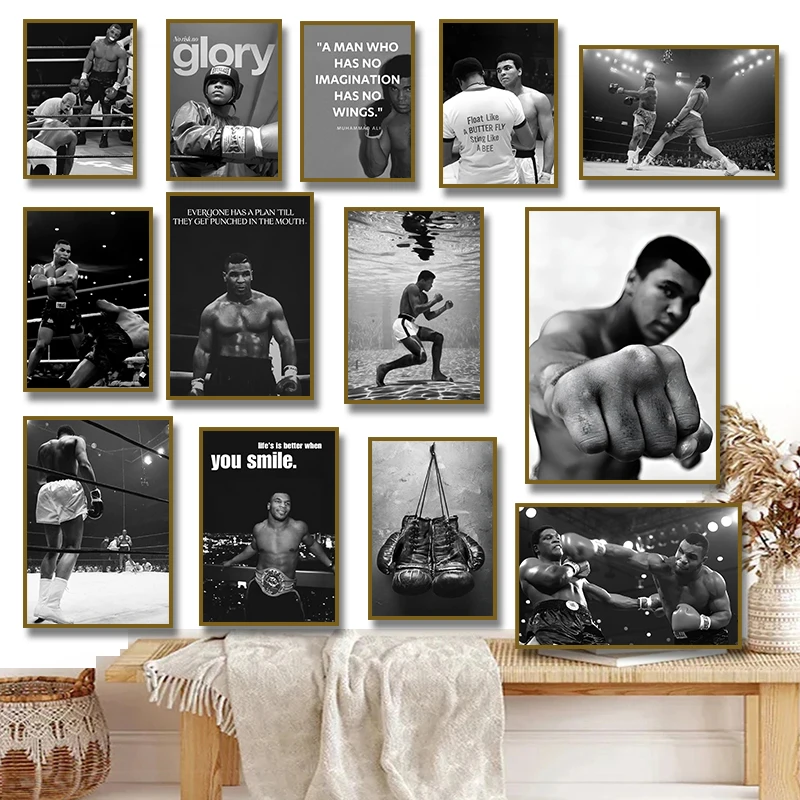 Black and White Boxer Boxing Champion Wall Art Poster Motivational Quote Prints Canvas Painting Living Room Home Decor Cuadros