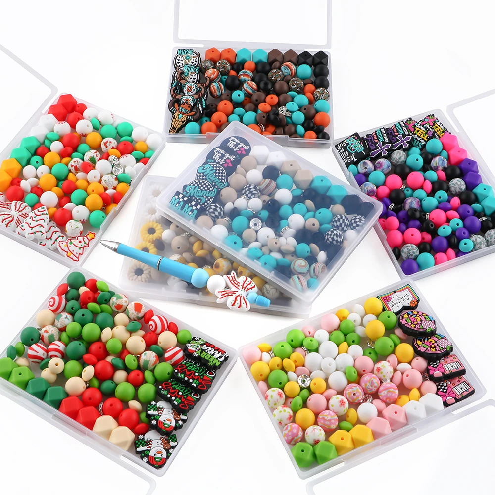 105pcs/Lot Boxed Silicone Focus Beads Mixed Printing/Polygon/Ball Combination For Jewelry DIY Bracelet Necklace Accessories