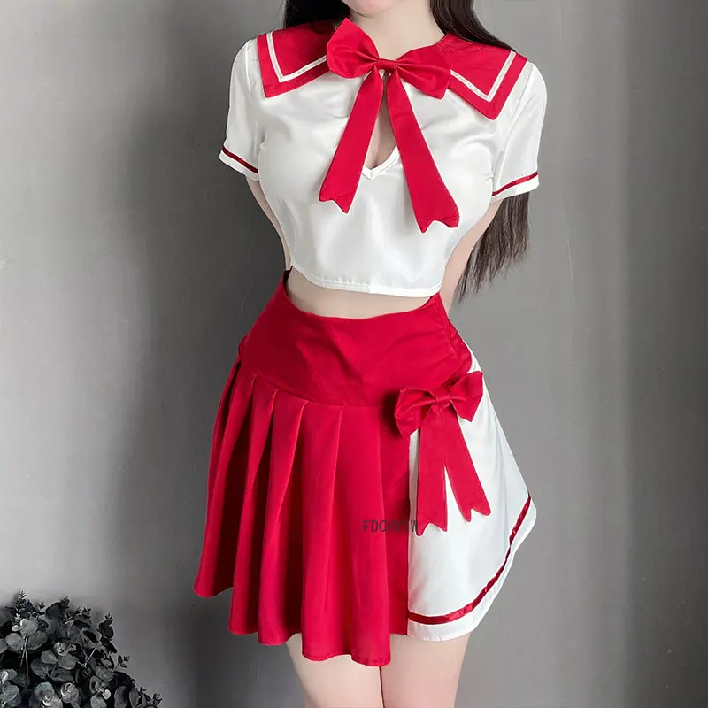 Women's Sexy Lingerie Cosplay Schoolgirl Bow Blouse Pleated Miniskirt Set Erotic Student JK Uniform Temptation Roleplay Costumes