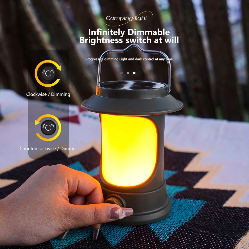 Portátil Solar Vintage Camping Lantern USB Recarregável, Pendurado Tent Light, Regulável, Noite, Caminhadas, Pesca, Lâmpada de emergência