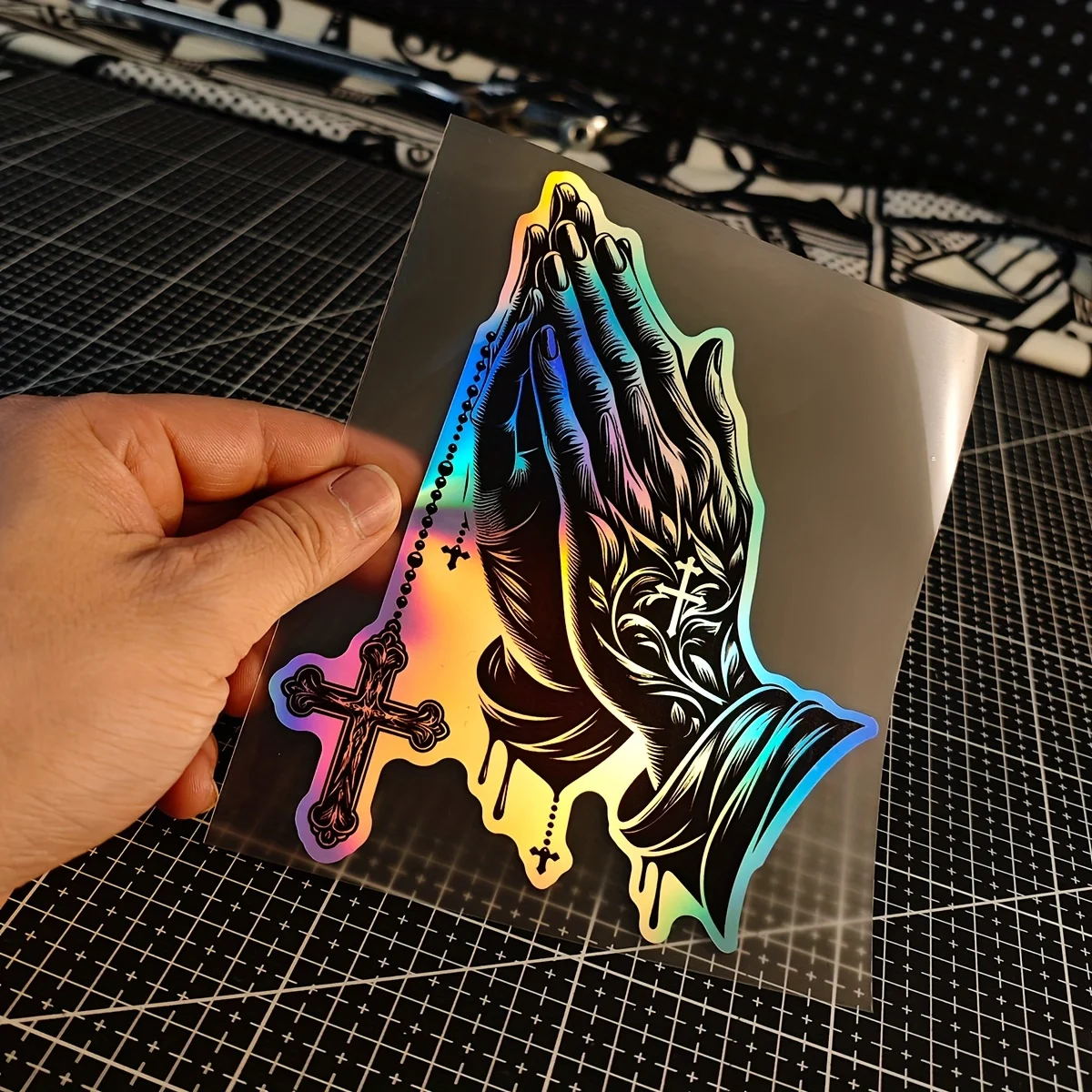1pc holográfico "manos orando e cruz" adesivo para carro motocicleta temático religioso decoração estilo acessório