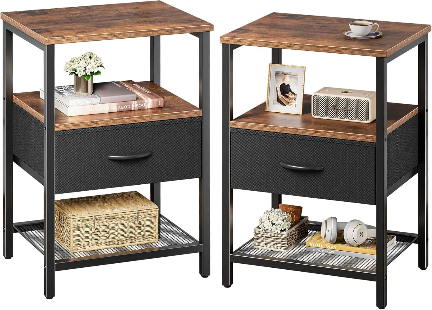 

Nightstand Set of 2, Night Stand with Fabric Drawer, Mesh Shelf, Side Table with Storage, Fabric Drawer Dresser, Open Shelf
