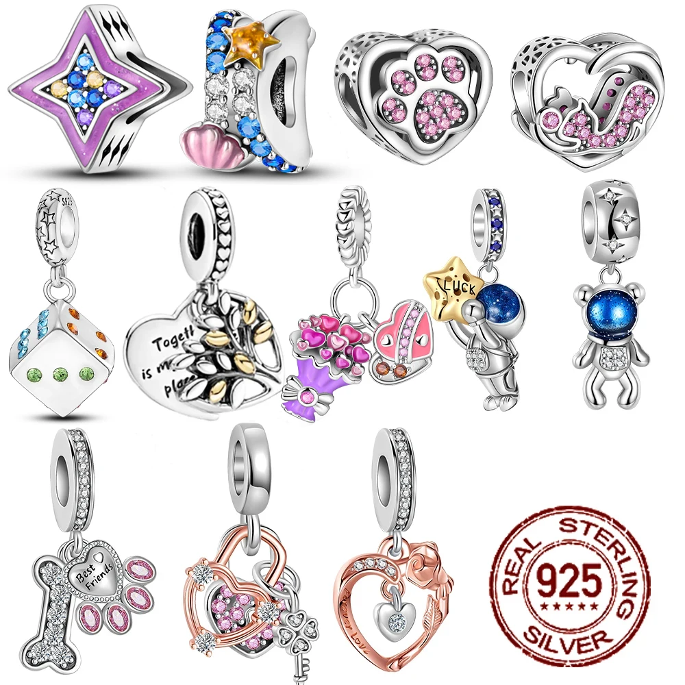 925 Sterling Silver Flowers Stars Shells Love Cat Claw Print Tree Lock Charm Fit Original Pandora Bracelet DIY Jewelry Making