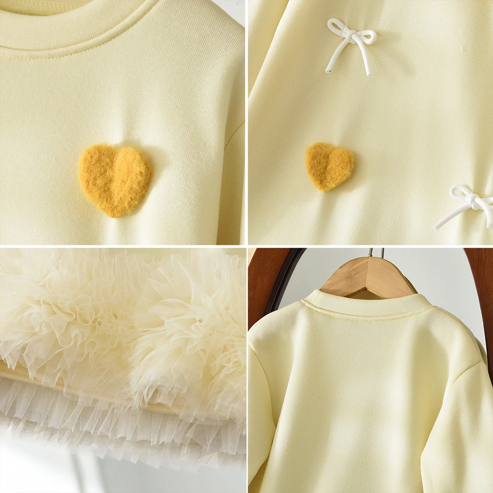 2023 herbst Prinzessin Mädchen Kleider Süße Nette Gelbe Liebe Kinder Kleid Lange Ärmeln Patchwork Koreanische Version kinder Kleidung – Detail 10