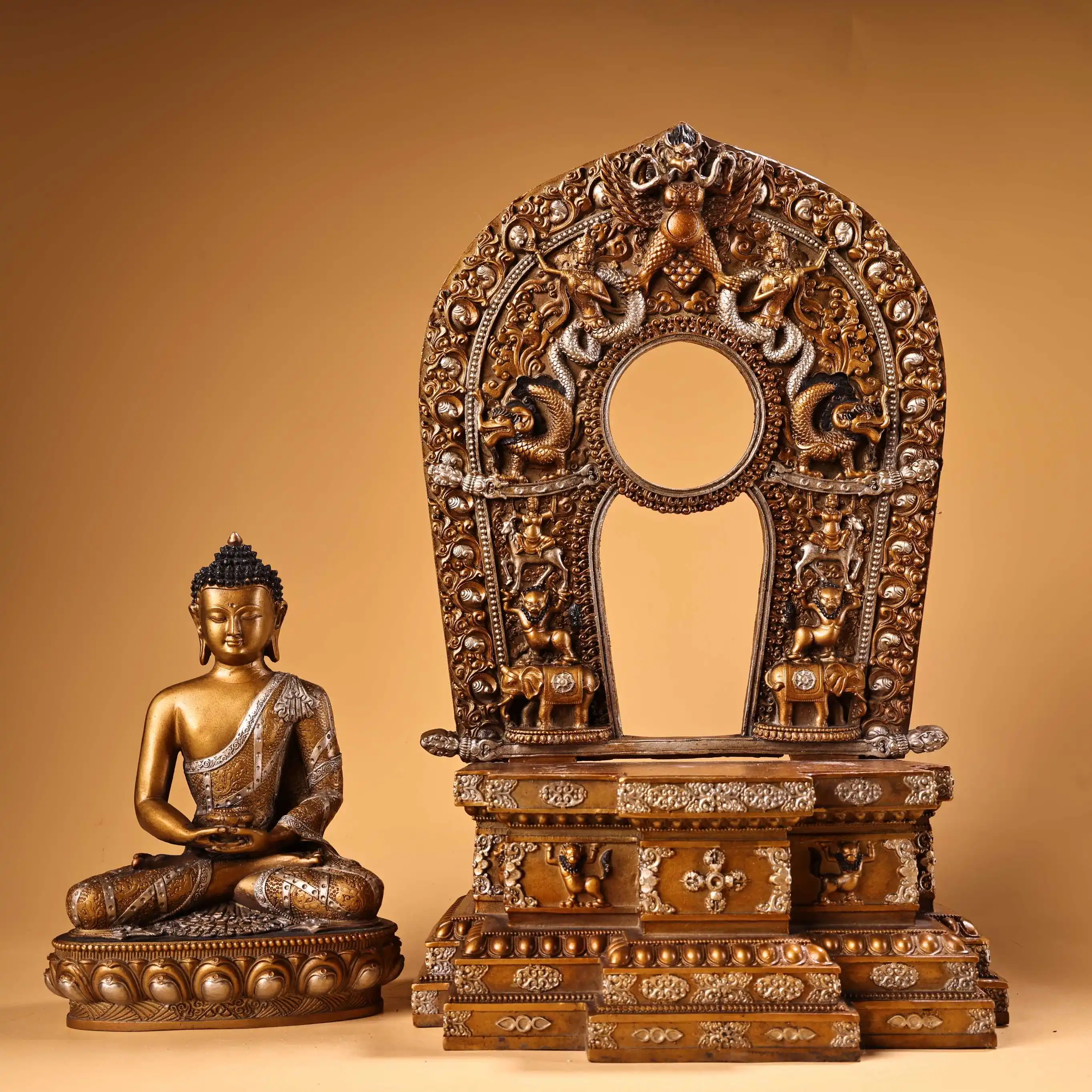 

16"Tibetan Temple Collection Old Bronze Painted High Relief GARUDA Backlight Shakyamuni Sitting Buddha Buddhist Niche Amitabha