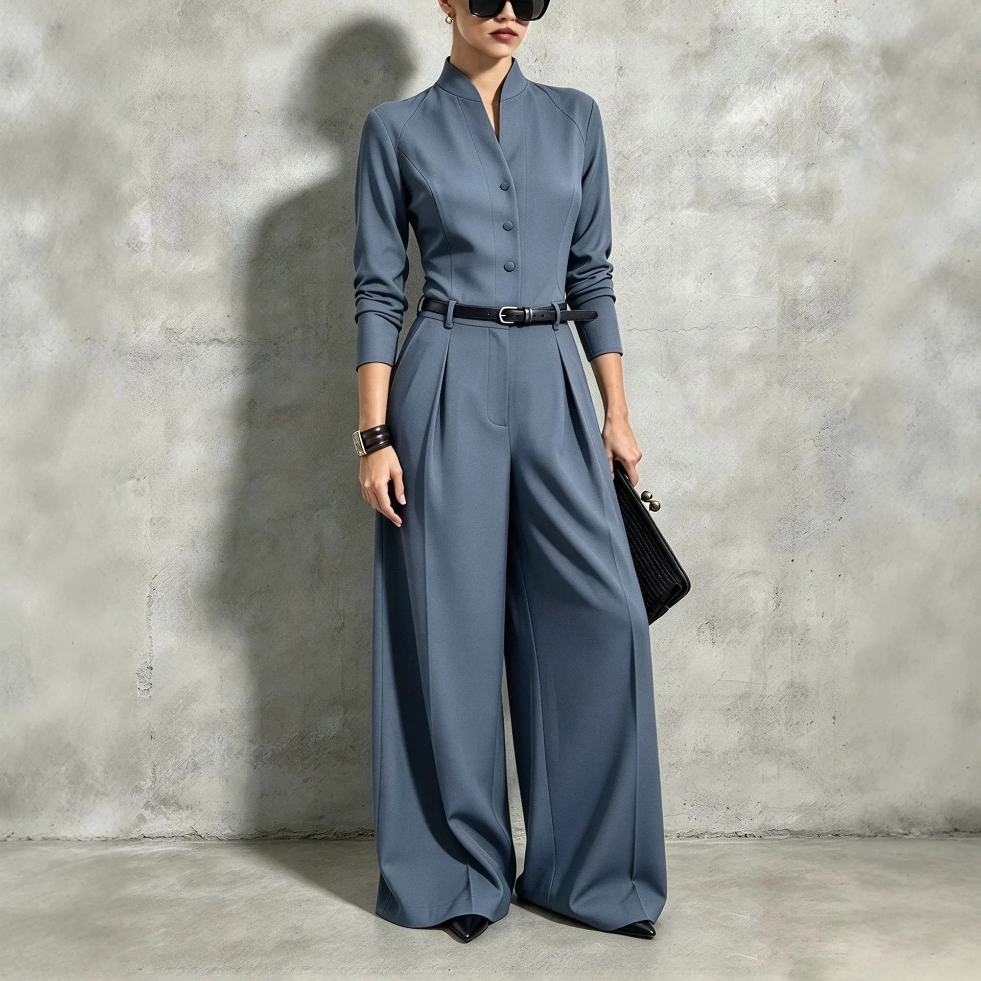Wide Leg Long Sleeve Belt with Mid Weight Full Length Low Waist Women Jumpsuit in French Style Elegant Commuter Chic for Autumn