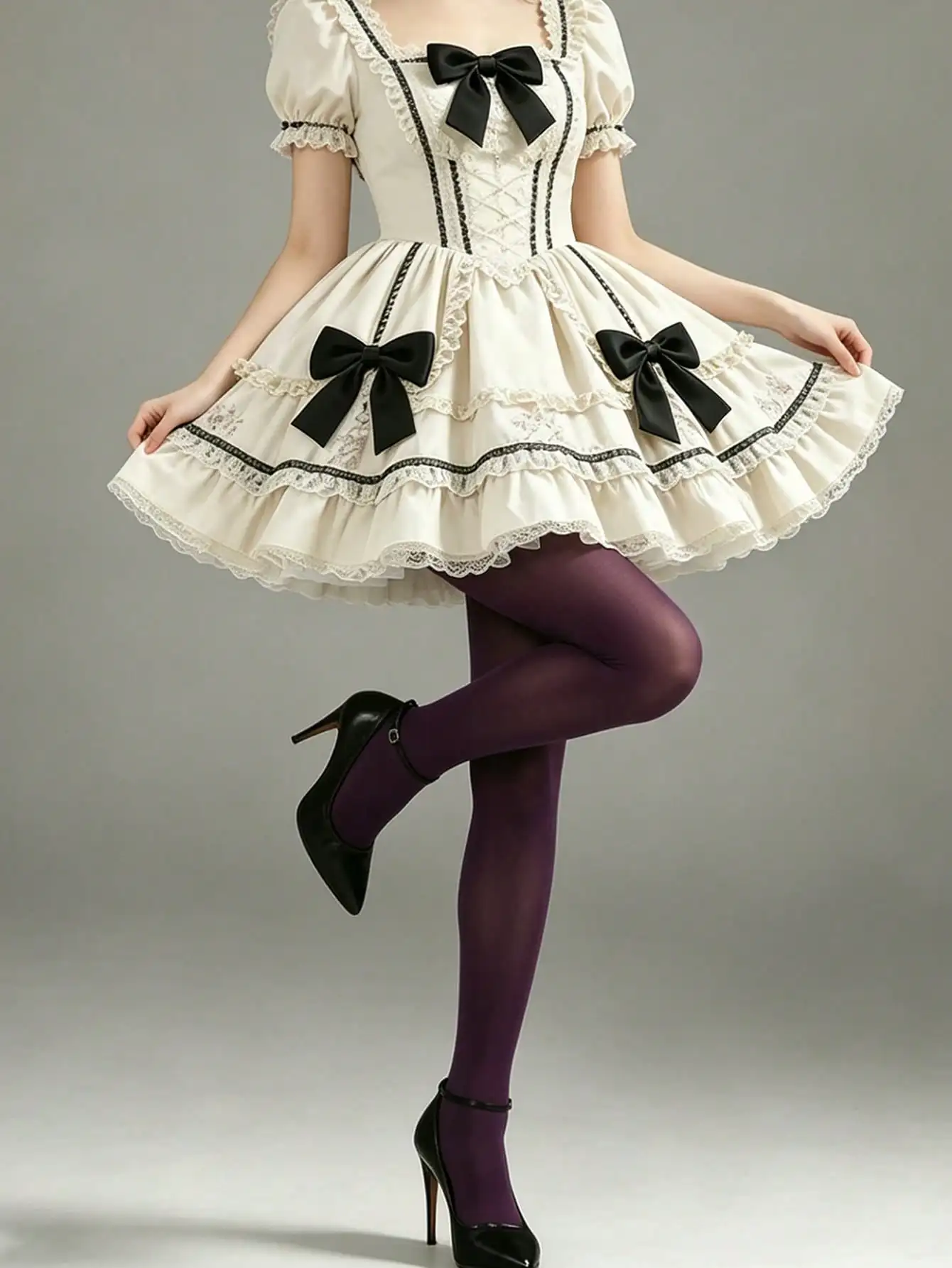 1 Paar Damen-Strumpfhosen in Dunkelviolett, blickdicht, dehnbar, einfarbig, im Lolita-Stil – Detail 3