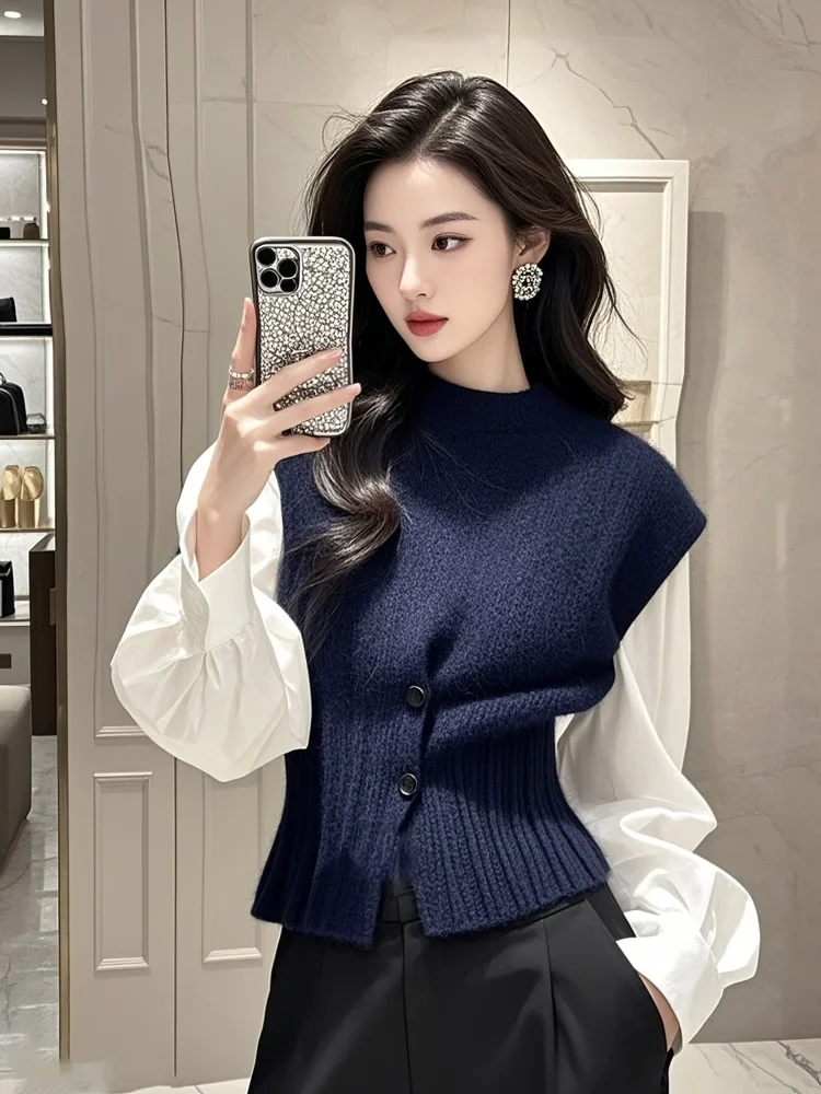 Ele tricoté gilet irt ensemble femmes Faion superposition deux pièces laine mélange rond Ne trajet Sle couleur Pure printemps 2025