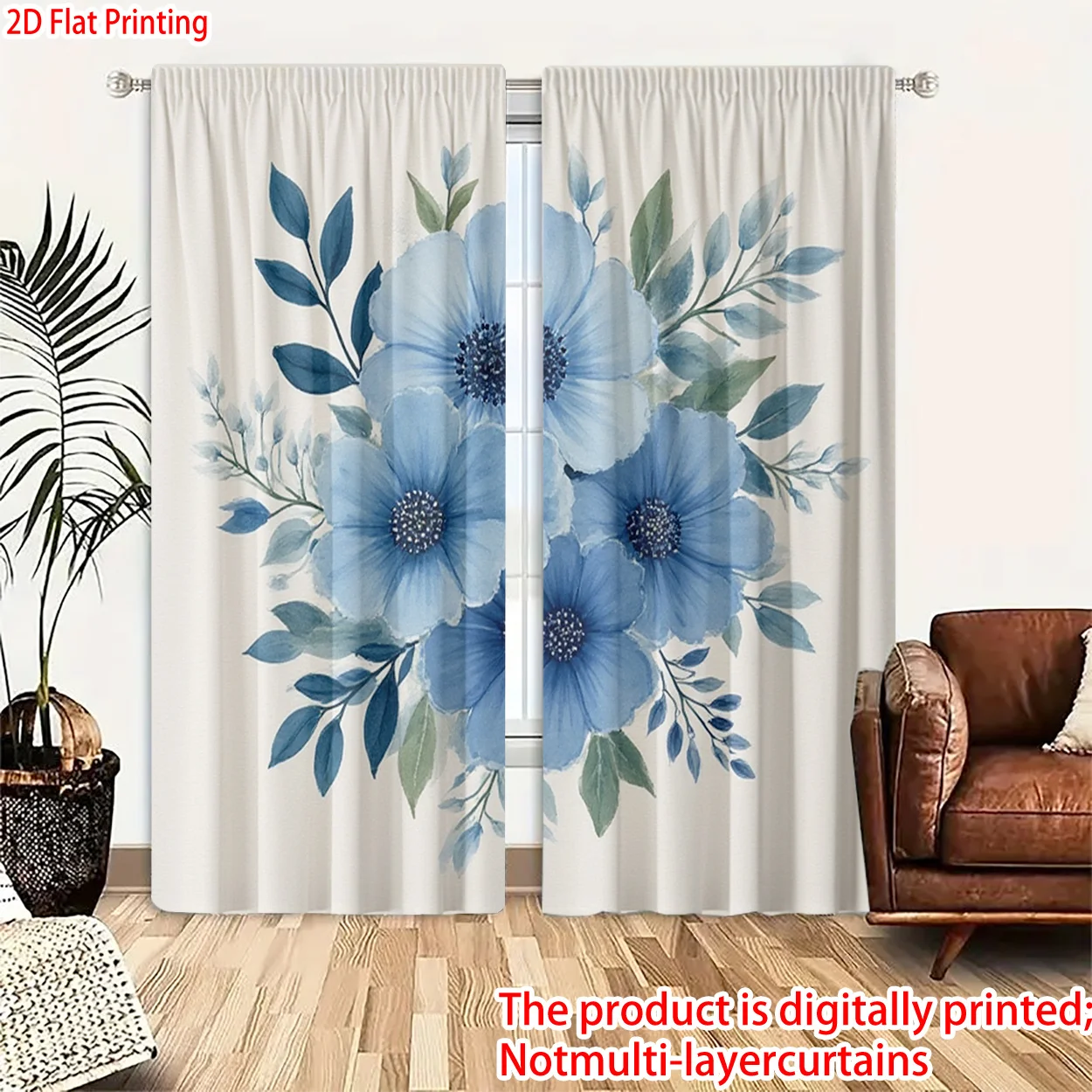 Elegantes Blaues Aquarell-Blumendruck Vorhang-Set Heimdekoration für Moderne Wohnzimmerfenster