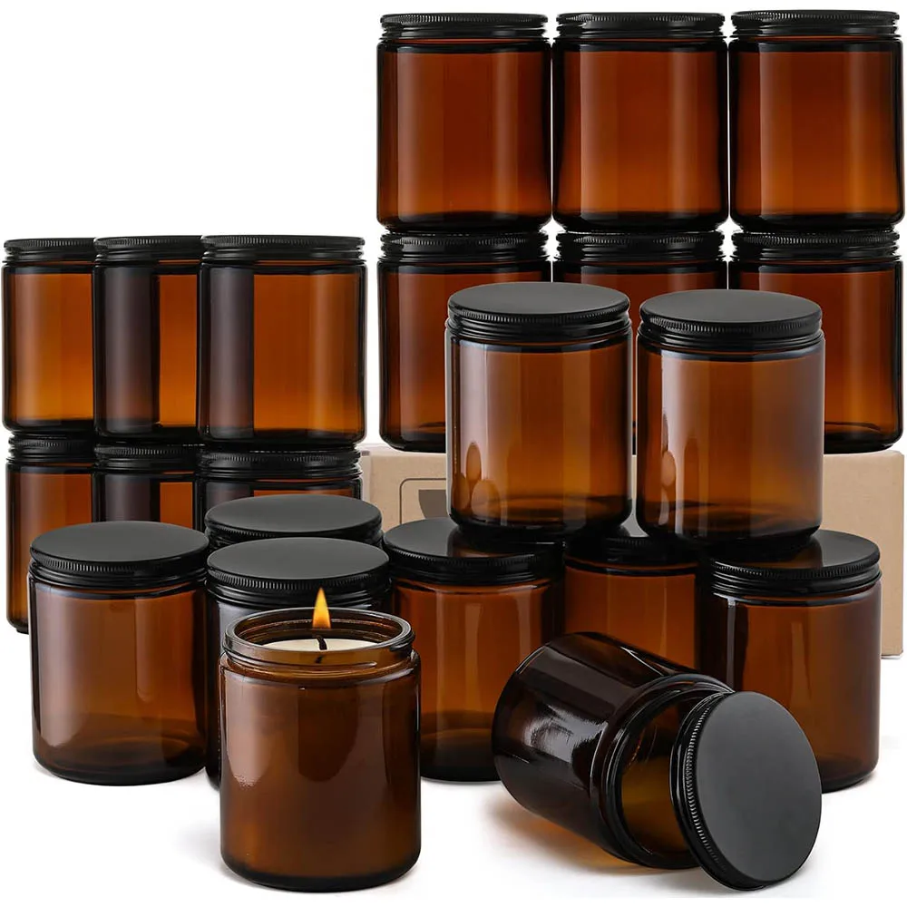 8oz Amber Glass Jars with Black Lids - For Candle Making, Food Storage, Canning, Spices, Liquids