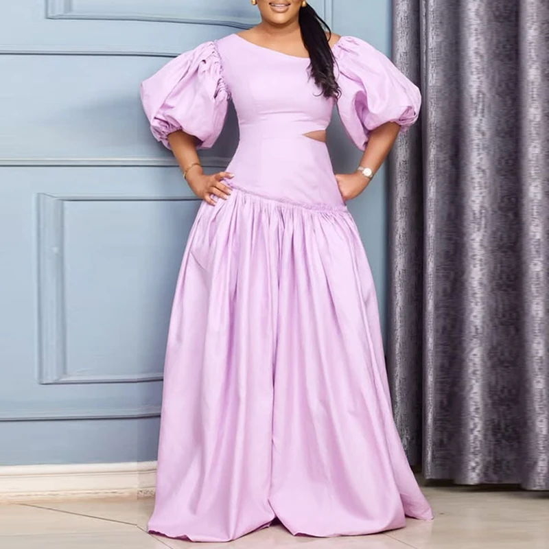 Autumn Fashion Solid Bubble Sleeve Dress Temperament High Waist Hollow Slim Club Party Dress Elegant O- Neck Folded Splice Dress