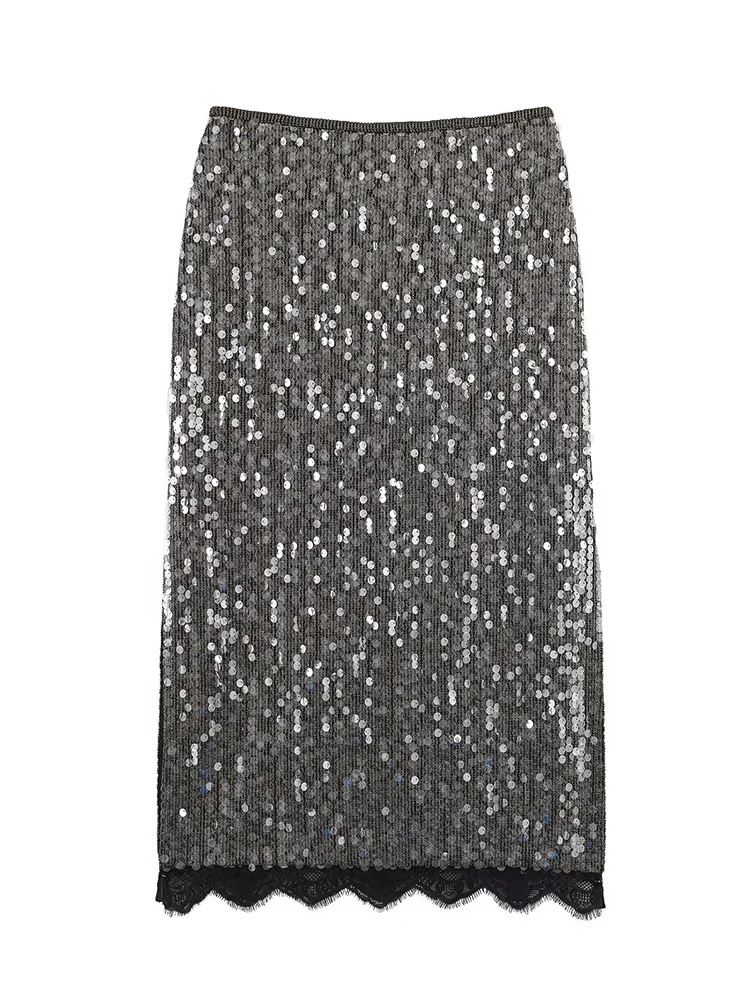 HH frauen Elegante Glänzende Pailletten Spitze Splice Dekorative Dünne Rock Mode Weibliche Chic Hohe Taille Schlitz Saum Langen Rock mujer