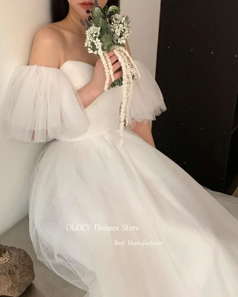 OLOEY Simple A Line Sweetheart Tulle abiti da sposa Puff maniche corte corsetto indietro servizio fotografico corea abiti da sposa Mariage