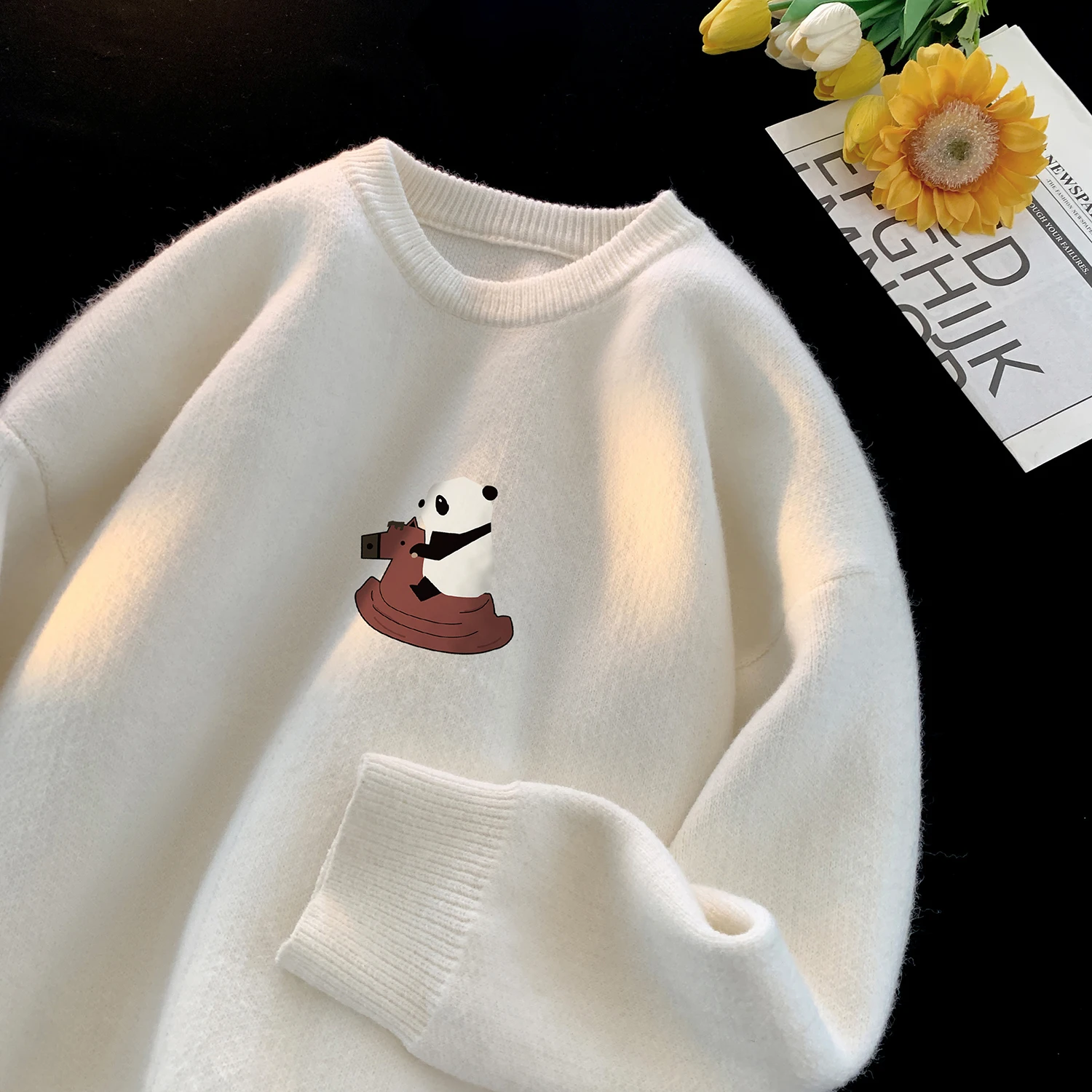 

Spring Autumn Men's Lazy Sle Loose round Ne Knitted Sweater Teenage Preppy Trendy Base Layer Inner Wear Casual Print Poly...