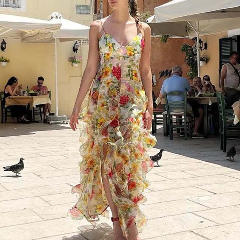 Spring Summer Floral Print Slim Chiffon Dress Female Fashion V Neck Ruffle Long Dress Elegant Sleeveless Party Dresses Vestidos