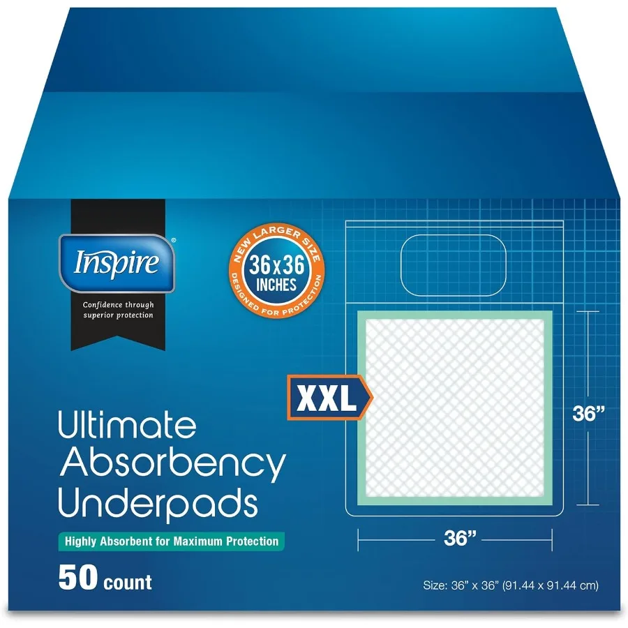

Inspire Extra Large Super Absorbent Disposable Bed Pads for Incontinence 36" X 36" Pack of 50 Ultra Thick and Absorbent Underpa