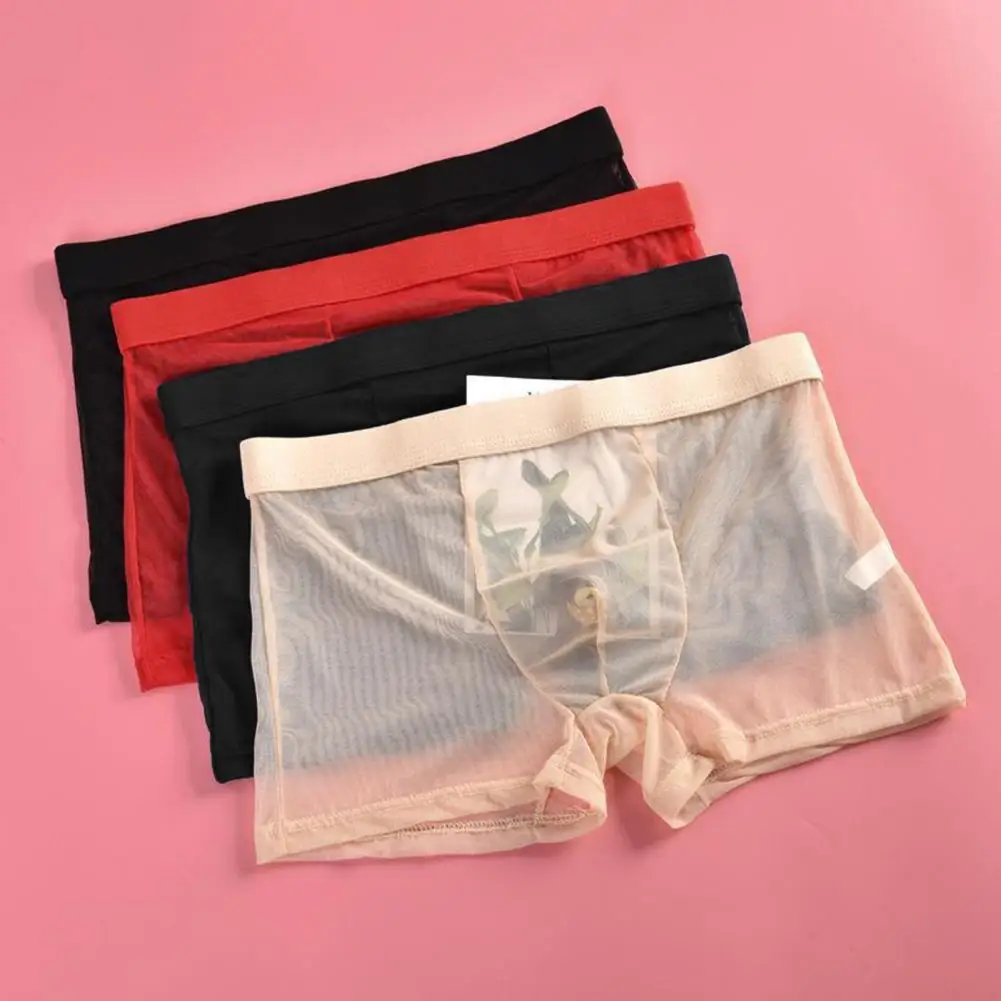 Men Boxers Breathable Ice Silk Cooling Men Panties Men Underwear Visible Sexy Underpants Solid Color Summer See-through Boxers