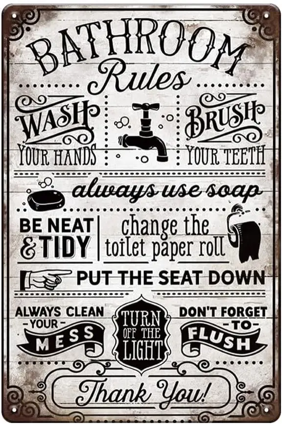 YOYI ART Funny Bathroom Rules Sign Wall Decor - Rustic Vintage Metal Tin Sign, Wash Your Hands, Flush Toilet Sign for Farmhouse