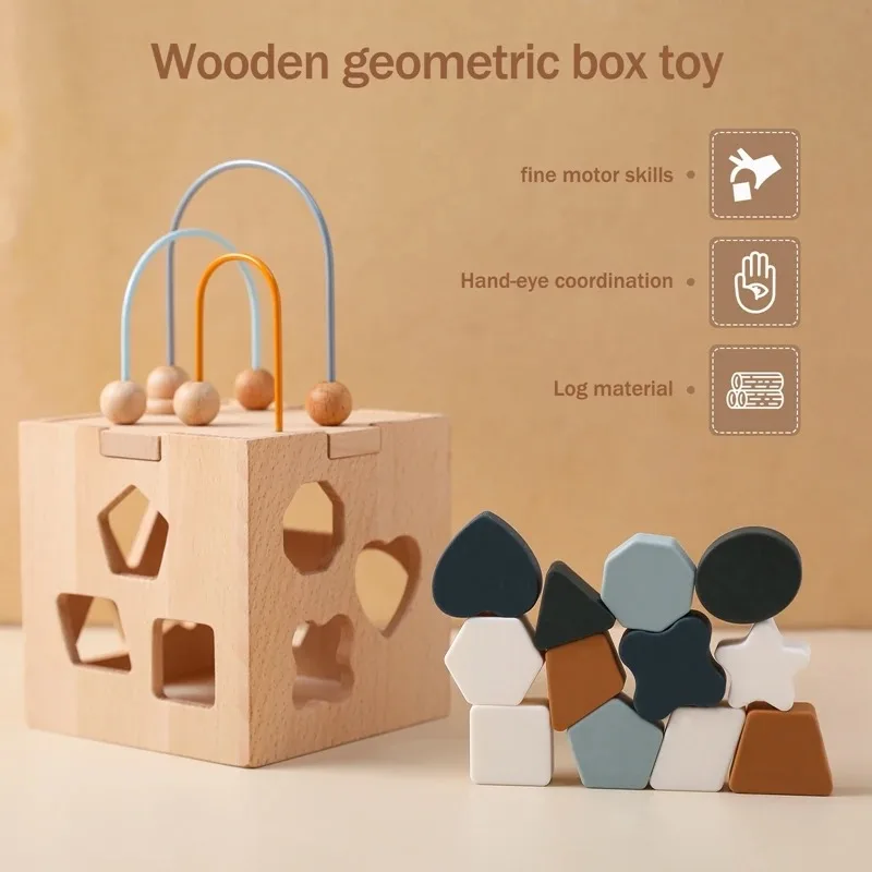 Caixa De Madeira Brinquedos De Combinação Para Criança, Bebê Montessori Puzzle, Jogo Educacional De Empilhamento, Blocos De Forma Geométrica De Silicone