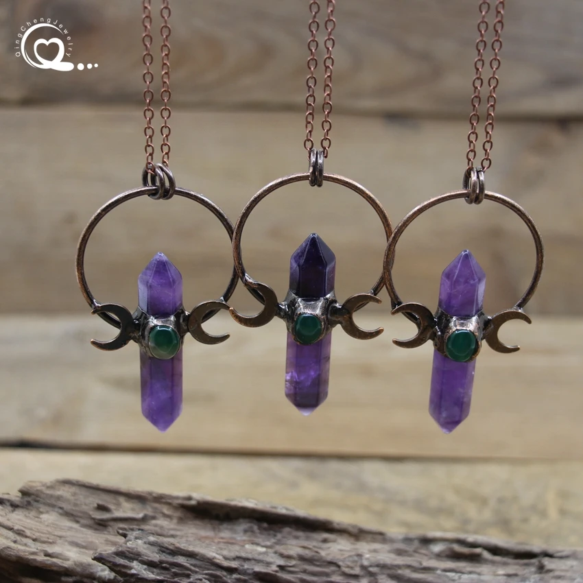 

Amethyst Double Point Pendants Antique Copper Necklace Soldered Bronze Moon Green Agate Hexagonal Charms Vintage Jewelry QC3367