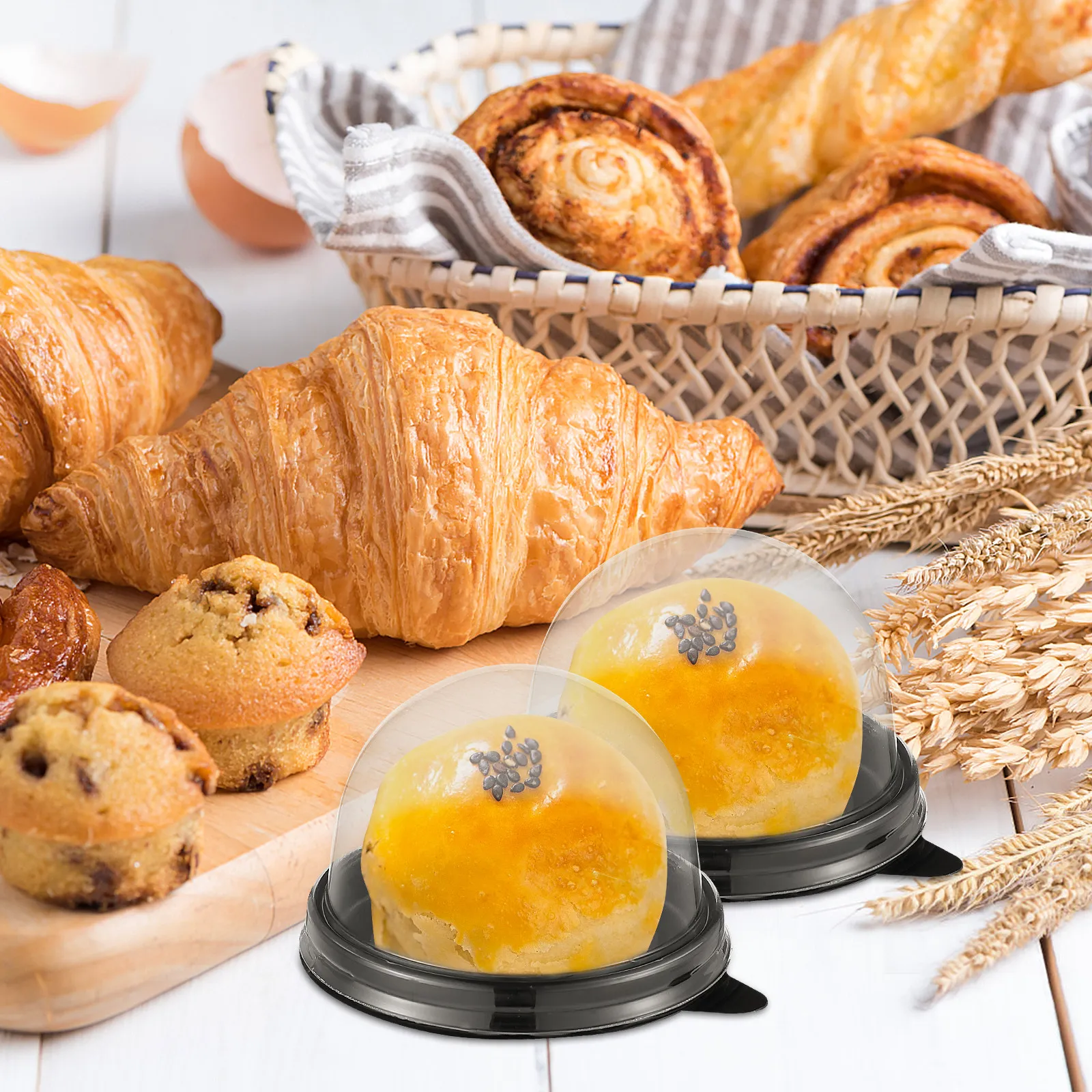 50Pcs Round Egg-Yolk Puff Mooncake Boxes Food Grade Plastic Transparent Dome Cupcake Boxes for Wedding Birthday Baby Baptism