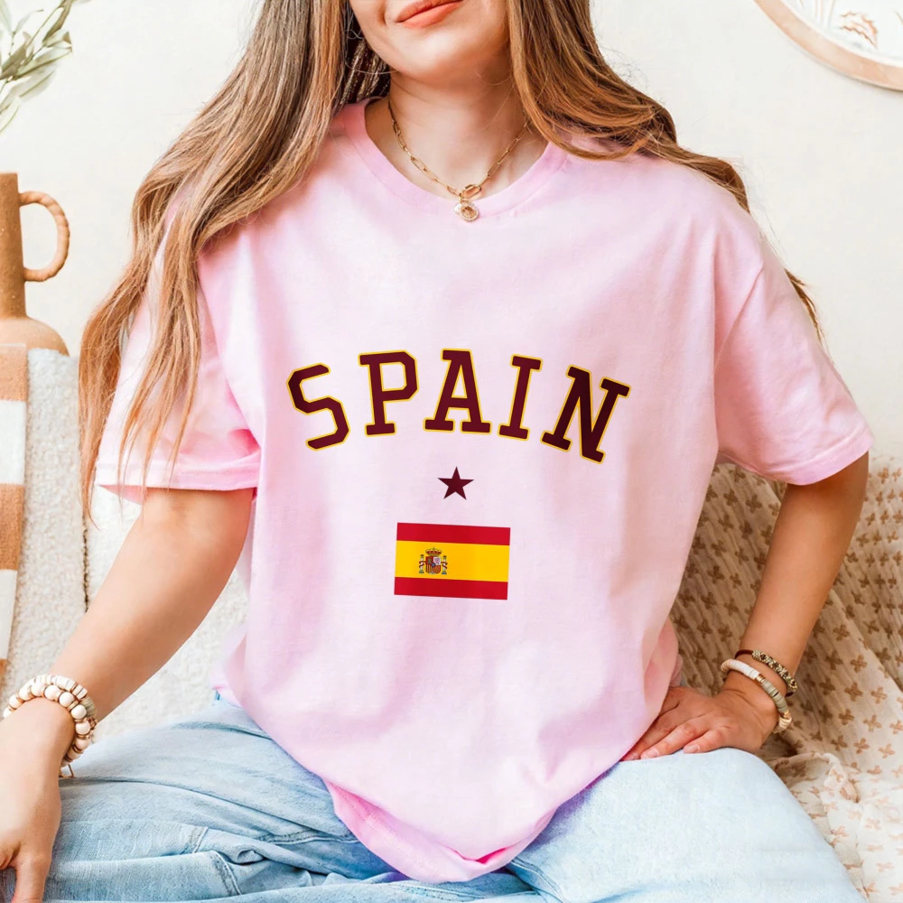 Spain Soccer Cup 2026 Arch Shaped Flag T Shirt Varsity Style Spain Flag Single Star Graphic T Shirt Football Fan Cotton Tops