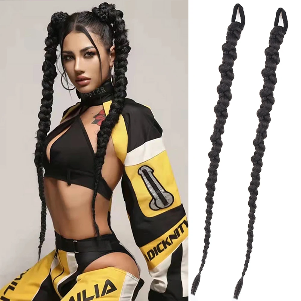 32Inch Long Box Braid Ponytail With Rubber Band Hair Ring Synthetic  Boxing Braids Crochet Braid Hair Extensions For Black Women