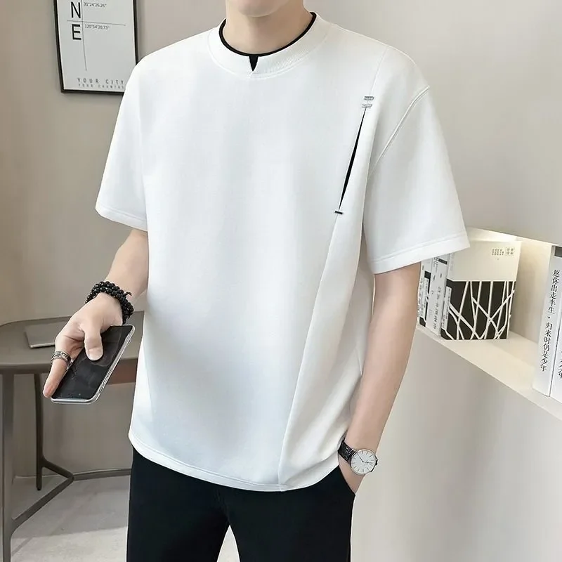 Men Contrast Trim Crew Neck Short Sleeve T Shirt Casual Loose Stitched Detail Top