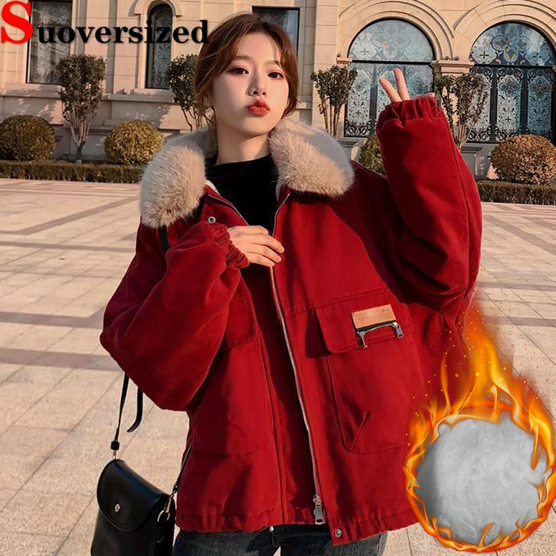 

Winter Plus Velvet Cargo Parkas Warm Faux Fur Collar Abrigos Thicken Snow Wear New Outerwear Korean Fashion Women's Jackets