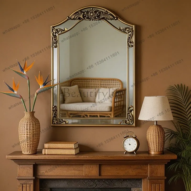 French retro wall hanging carved bathroom mirror porch decorative fireplace mirror