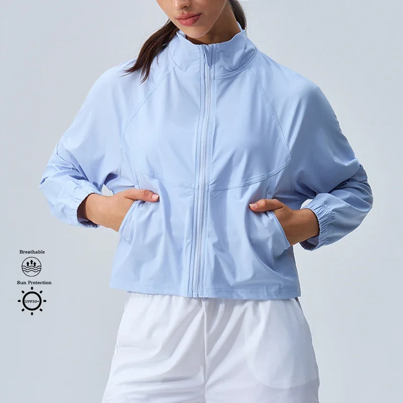 

Women's Athletic Workout Running Track Full Zip Cropped Jackets UPF 50+ Sun Protection Long Sleeve Workout Shirts Yoga Gym Top