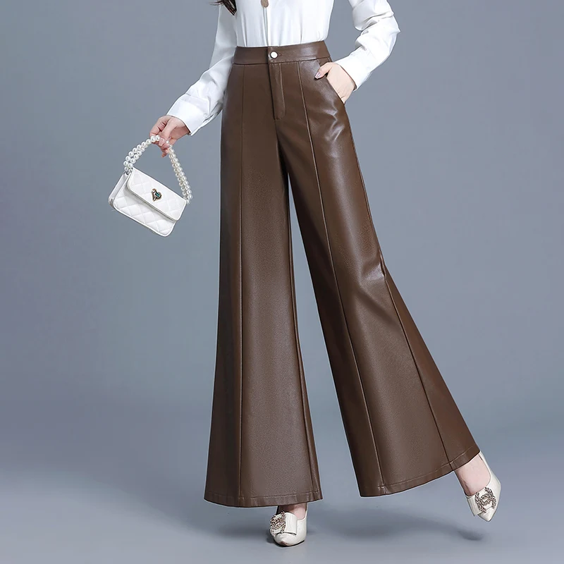 ZUZK Big Swing Wide Leg PU Leather Pants High Waist Autumn Winter New Fashion Slim Patchwork Slightly Flared Pants Warm Pants