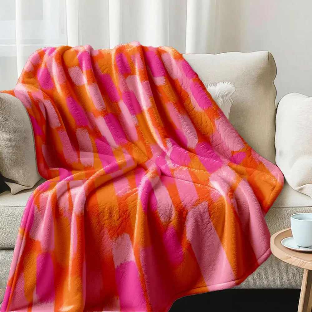 Orange Pink Contrast Abstract Watercolor Brush Square Print Flannel Blanket, Throw Blanket for All Seasons Home Sofa Nap Warmth