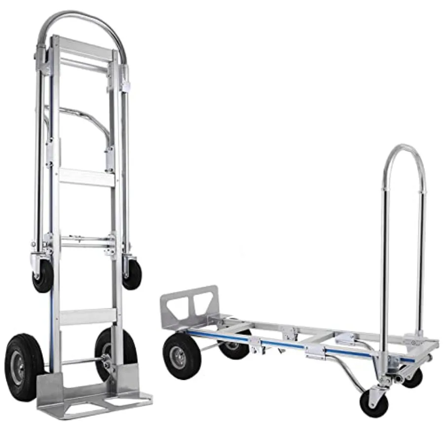 

Industrial aluminum hand truck for heavy-duty use, silver, converts from hand truck to platform cart with 10 hi-tech rubber whe