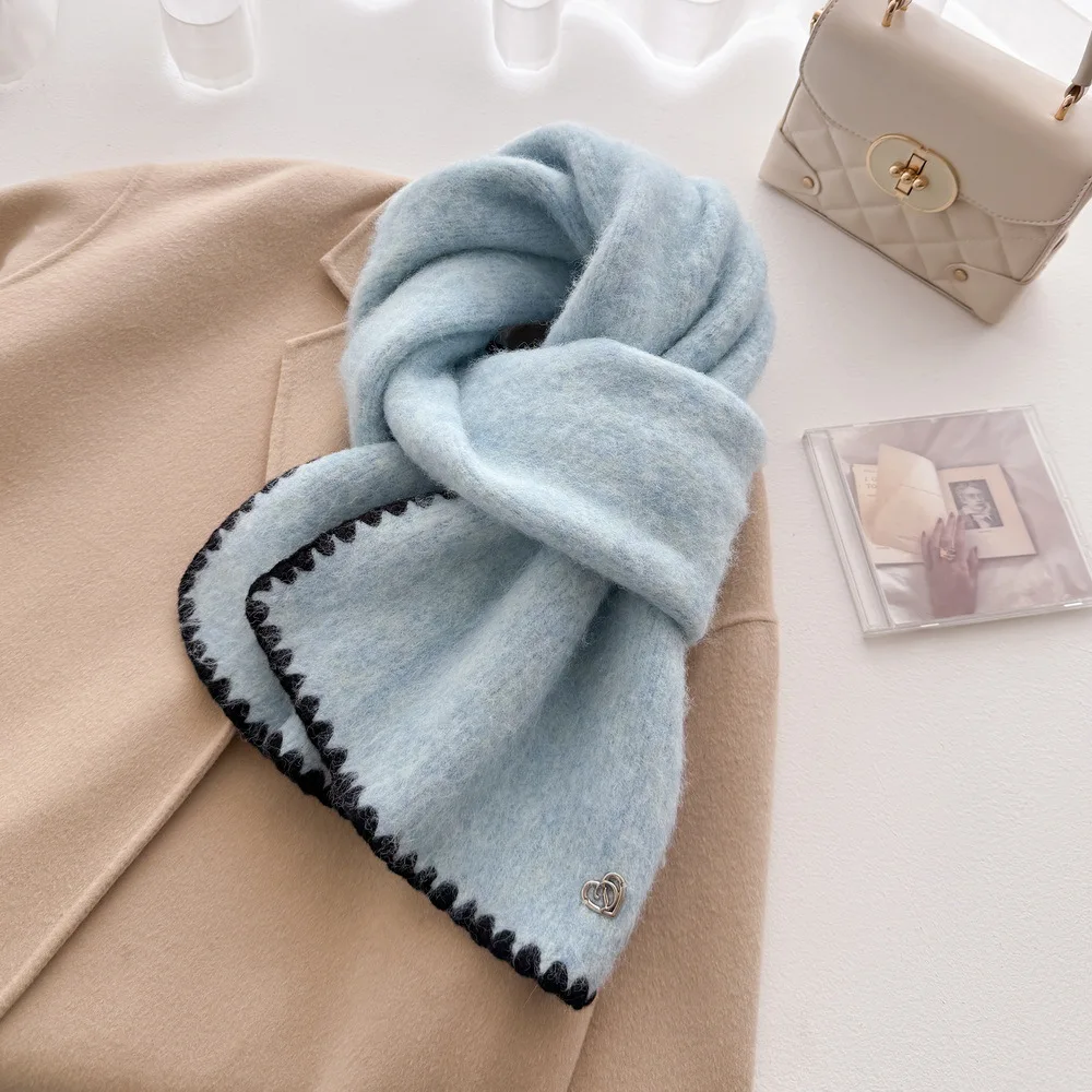 Scarf Women Knitted Heart Metal Label Locked Edge Wool Blend Neck Warmer Student Daily Match Autumn Winter Spring