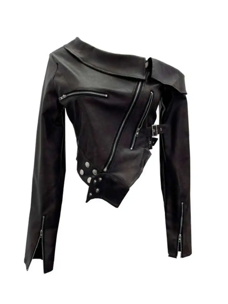 Sexy ort Leather Jaet Women's Cool Slanted oulder Biker Sle Zipper Irregular  Coat Long Sve Adult Outerwear